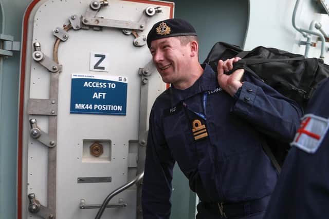 FOST staff embarking onto HMS Queen Elizabeth for the ship's first Material Assessment and Safety Checks and Basic Sea Training. Picture: LPhot Luke/Royal Navy