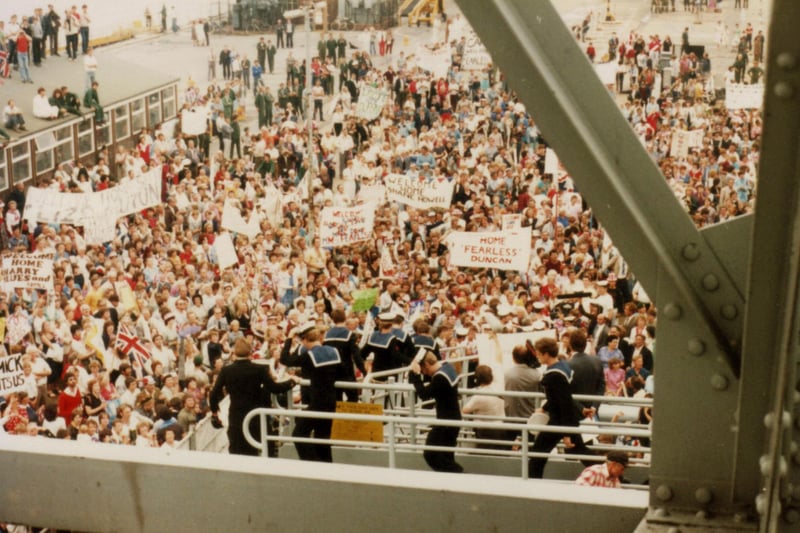 Crowds awaiting HMS Fearless on her return to Portsmouth after the Falklands war. Picture: Mick Huitson