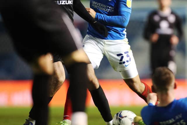 Louis Thompson was chosen as Pompey's man of the match against MK Dons by Gaffer For A Day Ashley Arnell. Picture: Joe Pepler