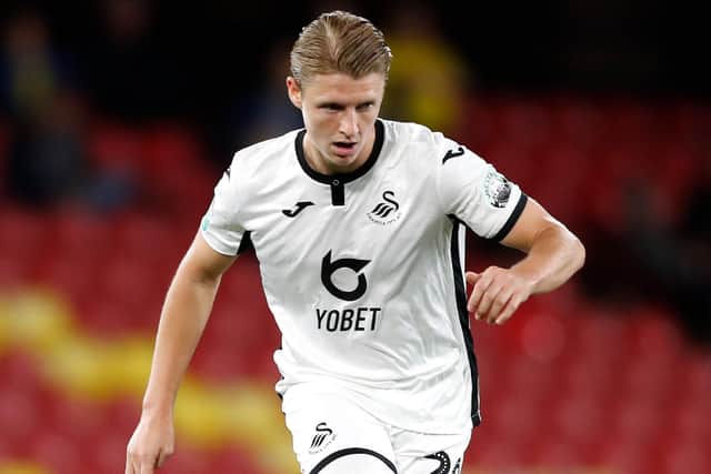 WATFORD, ENGLAND - SEPTEMBER 24:  George Byers of Swansea City in action during the Carabao Cup Third Round match between Watford FC and Swansea City at Vicarage Road on September 24, 2019 in Watford, England. (Photo by Luke Walker/Getty Images)