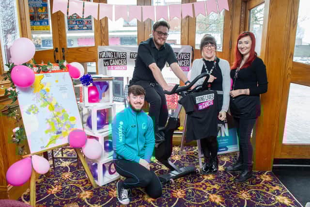 The Denmead Queen, Waterlooville is holding a charity bike ride to raise money for Young Lives vs Cancer on Thursday 10 February 2022
Pictured: Mike Wright of Pure Gym, and staff of Denmead Queen, Jordan Hayter, Vicky Coombe and Sky Locke
Picture: Habibur Rahman