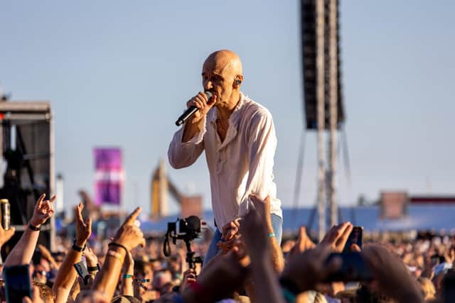 James's frontman Tim Booth moments before he went crowdsurfing at the Common Stage. Photos by Alex Shute