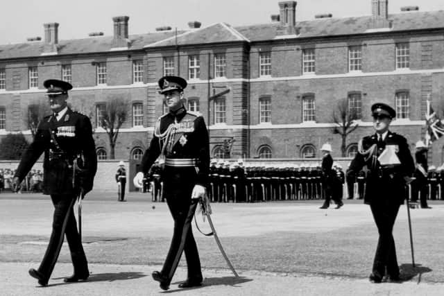 The Duke of Edinburgh following inspection of parade during the presentation of new colours  at the former Royal Marines barracks in Eastney, on April 23, 1956