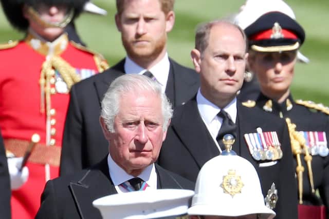 File photo dated 17/04/21 of Head of the Royal Marines Major General Matthew Holmes (front right) in serving as a pall bearer at the funeral of the Duke of Edinburgh in Winsdor Castle, alongside the Duke of Sussex (rear), the Earl of Wessex (centre) and the Prince of Wales.