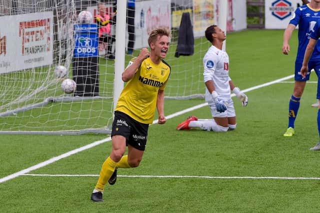 Snorre Nilsen celebrates scoring for Norwegian side Raufoss IL. Picture: Marius Myklese