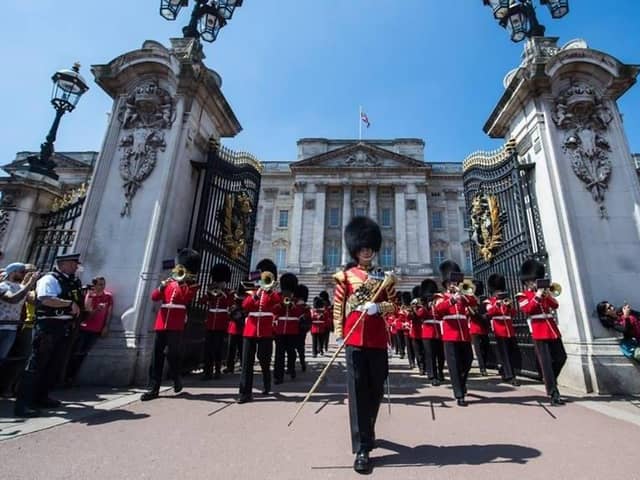 The Band of the Grenadier Guards marching out of Buckingham Palace - they will feature at Stanstead Park's weekend bonanza in July