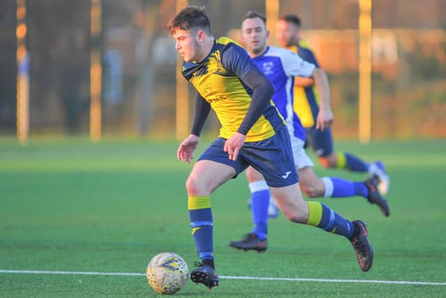 Luke Richards on the ball for Moneyfields at Front Lawn. Picture: Martyn White
