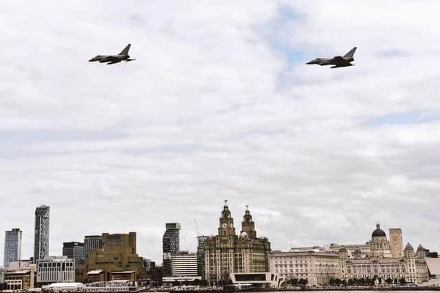 Typhoon jets pictured during a flyby over HMS Dauntless