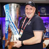Kev McCormack celebrates in the Wembley dressing room after Pompey's Checkatrade Trophy triumph in March 2019. Picture: Joe Pepler