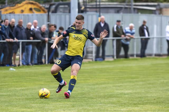 Fred Penfold scored Moneyfields' third goal against Denmead tonight. Picture: Mike Cooter