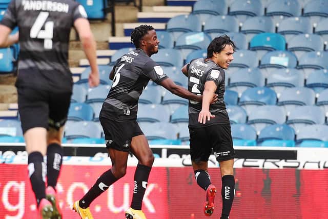 Reece James celebrates his match-winner at Fratton Park.  Picture: Joe Pepler