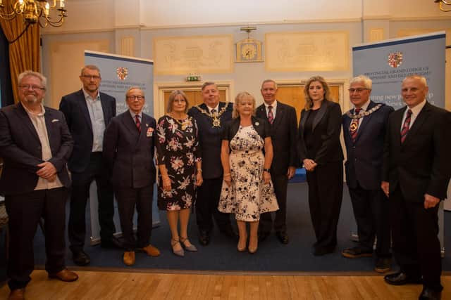 The News Editor Mark Waldron, Roger Maber, the Lady Mayoress and Lord Mayor, Portsmouth North MP Penny Mordaunt ant other represntatives on Saturday night at the Masonic Hall in Cosham, launching the Freemasons Community Chest. Photo By Alex Shute