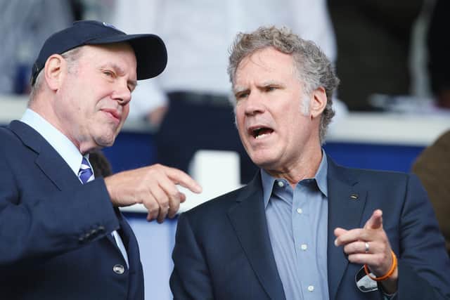 Pompey chairman Michael Eisner, left, with Hollywood actor Will Farrell at Fratton Park in 2019