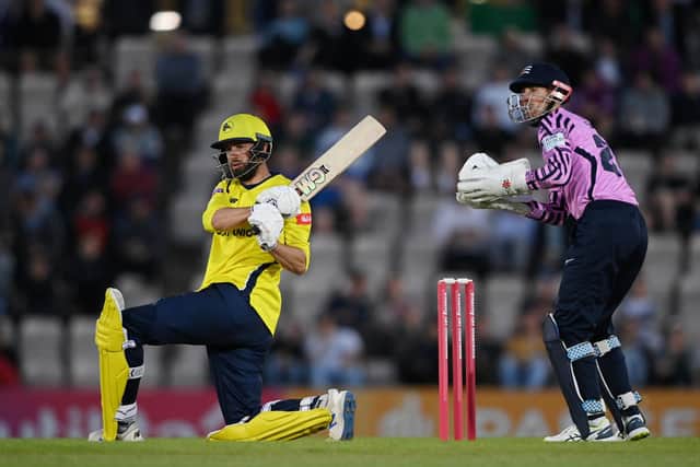 Hampshire skipper James Vince on his way to top scoring with 47 in the loss to Middlesex. Photo by Alex Davidson/Getty Images.