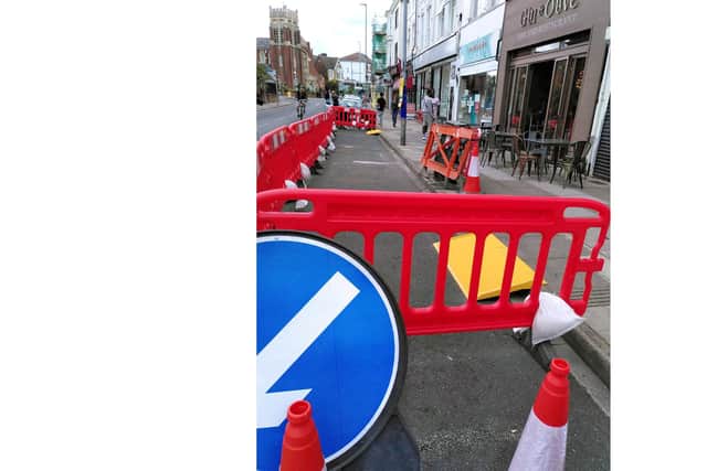 The council has been using road space to improve social distancing on pavements outside pubs and restaurants. Pictured: Changes to Albert  Road