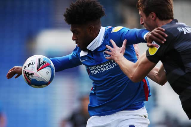 Ellis Harrison is back for Pompey, albeit on the bench against Charlton, following a hamstring tear. Picture: Joe Pepler