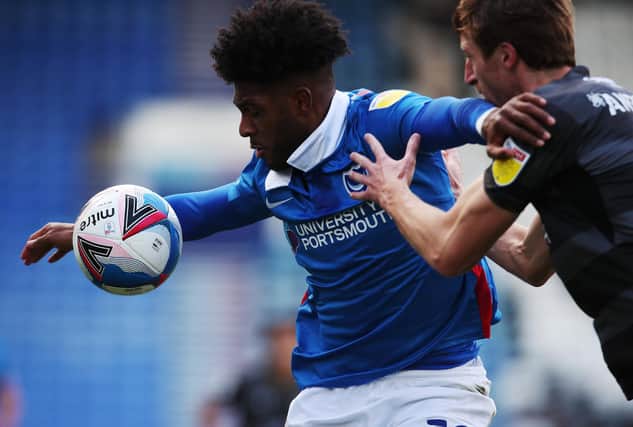Ellis Harrison is back for Pompey, albeit on the bench against Charlton, following a hamstring tear. Picture: Joe Pepler