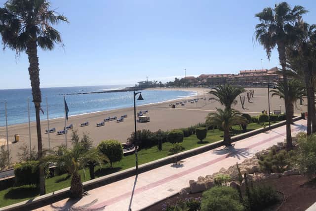 Francesca Lucas, 26 from Waterlooville, has shared her experiences of living in Tenerife during lockdown and images of the empty tourist areas. Pictured: Las Vistas Beach, Los Cristianos