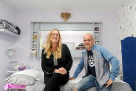 Paula Hodges with her husband Scott who renovated the salon during lockdown.
Picture: Sarah Standing (121020-5475)