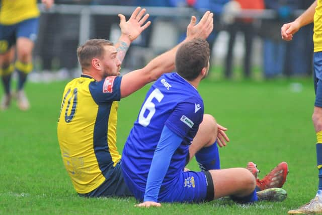 Moneyfields' Steve Hutchings, left, appeals to the referee. Picture: Martyn White