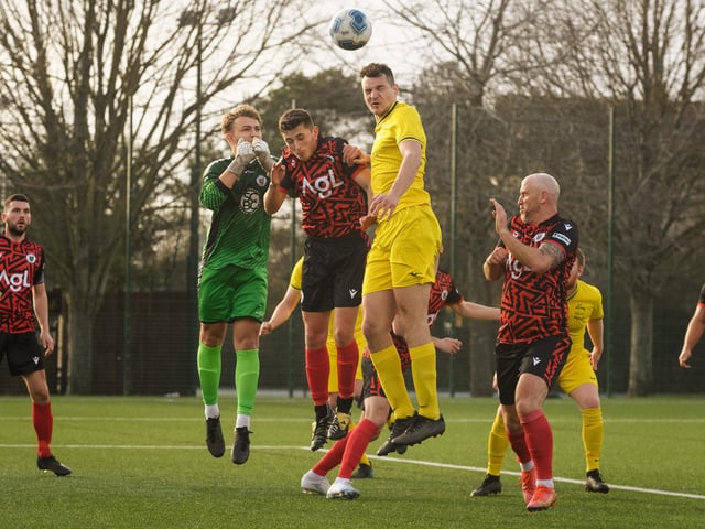 Action from Harvest's 4-1 win at home to Locks Heath (red and black kit) in the Hampshire Premier League. Picture: Keith Woodland (180321-915)