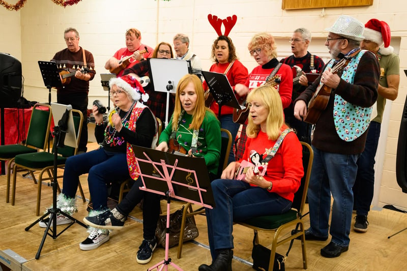The Uke-Cannot Be Serious Band playing at the Wickham Christmas fayre