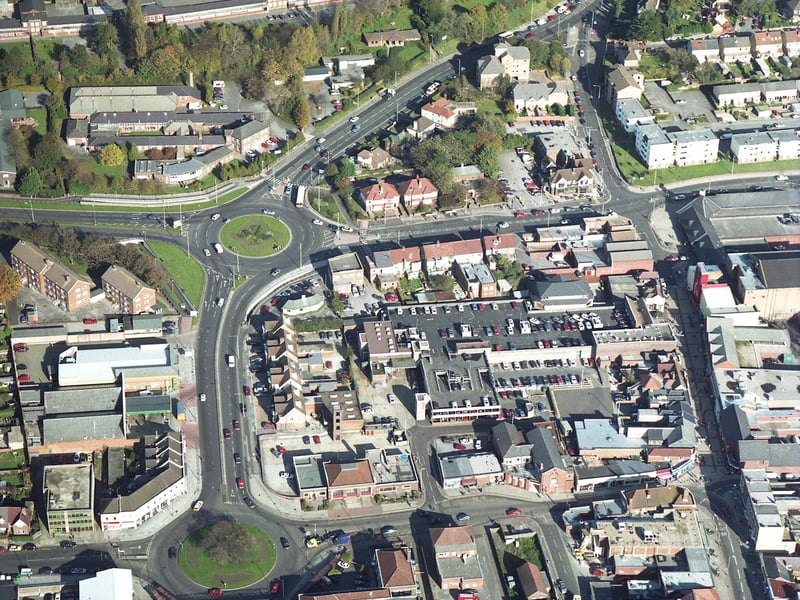 An aerial view of Havant Road and Cosham High Street, including the fire station, in 1998.