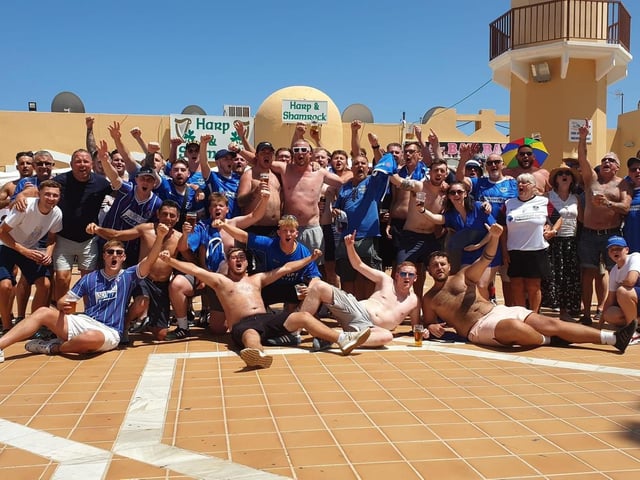 'Everywhere we go...' These Pompey fans would have been making plenty of noise as they got together in Spain this week. Picture: @peanut_Fletch95