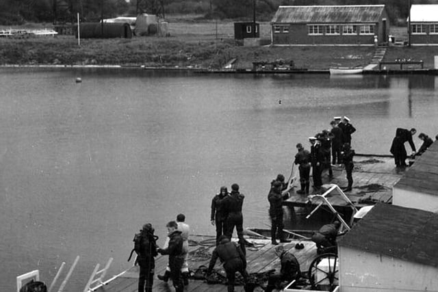 Hosea Lake Diving School in the 1960's.
Horsea Lake, built for torpedo testing and later used by the naval diving school
Much diving training took place on Horsea Island with the former torpedo testing lake being extended. Picture: Rob Hoole collection.