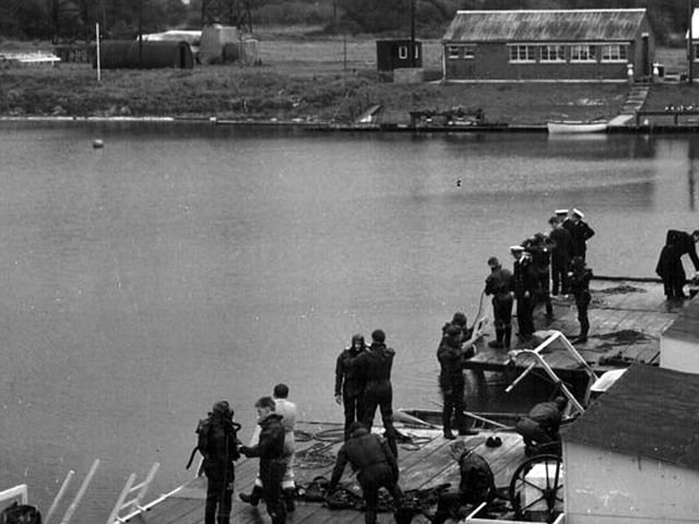 Hosea Lake Diving School in the 1960's.
Horsea Lake, built for torpedo testing and later used by the naval diving school
Much diving training took place on Horsea Island with the former torpedo testing lake being extended. Picture: Rob Hoole collection.