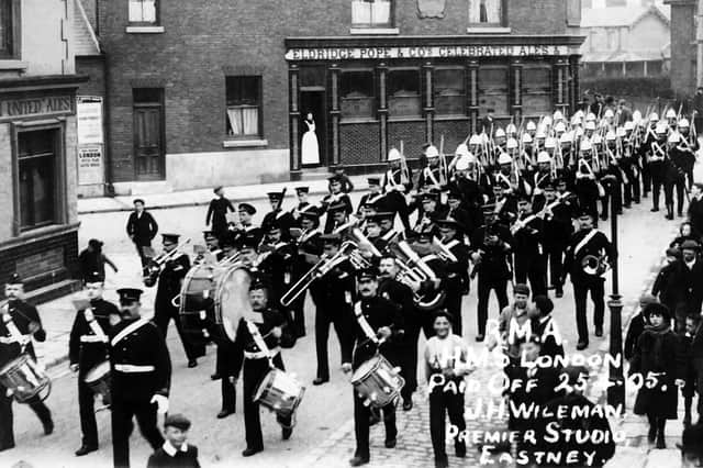 Marines from HMS London marching down Eastney Street towards the barracks at Eastney in 1905. Picture: Robert James collection.