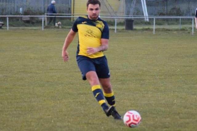 Brandon Elliott put Moneyfields ahead from the penalty spot against Denmead. Picture: Dan (JMA Media).