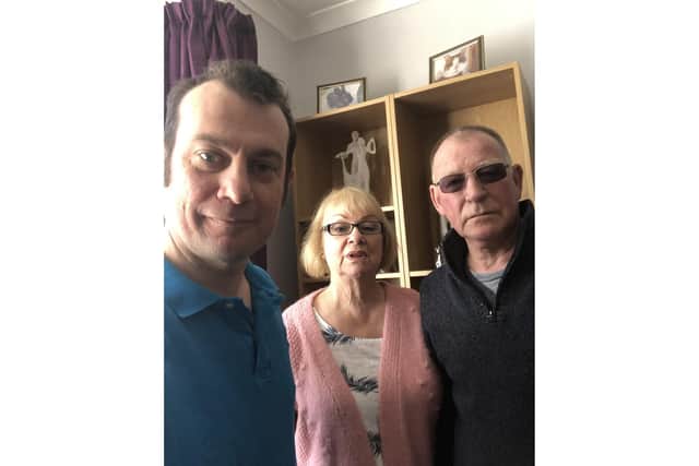 Matthew Best, 44, who was not able to get priority shopping at Sainnsbury's despite having had a kidney transplant, alongside mother, Patricia Jones, 71, and step-father, Graham Jones, 70.