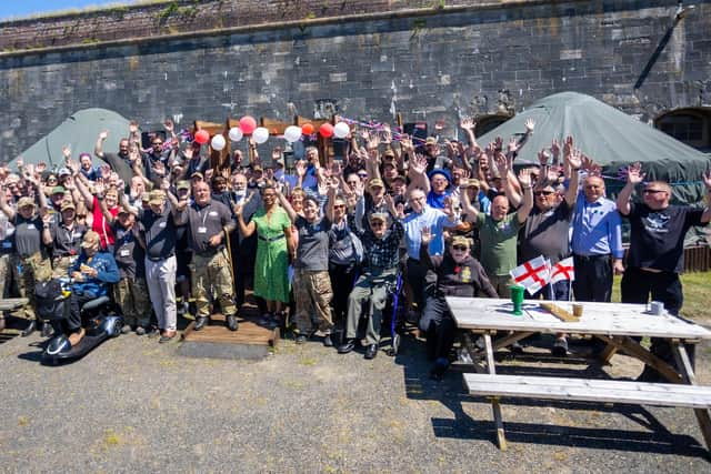 Pictured - group shot of all the Veterans in attendance, along with the Lord Mayor and Lady Mayoress of Portsmouth at the jubilee event at Fort Cumberland 

Photos by Alex Shute