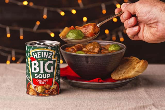 The Heinz Christmas Dinner Big Soup which contains 'big chunks' of turkey, pigs in blankets, brussels sprouts, stuffing balls and potatoes with a gravy and cranberry sauce. Picture: Jonathan Kennedy/Heinz/PA Wire
