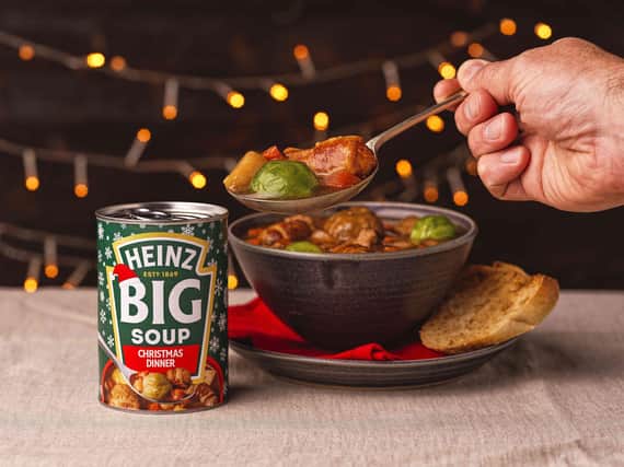The Heinz Christmas Dinner Big Soup which contains 'big chunks' of turkey, pigs in blankets, brussels sprouts, stuffing balls and potatoes with a gravy and cranberry sauce. Picture: Jonathan Kennedy/Heinz/PA Wire