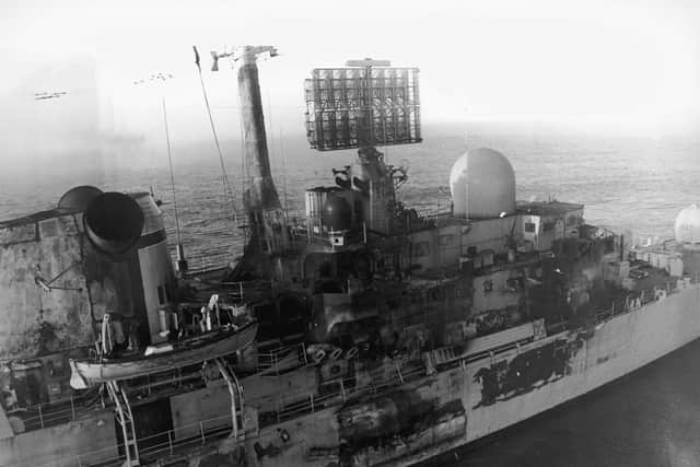 HMS Sheffield, damaged by an Exocet missile attack near the Falkland Islands during the Falklands War, May 1982. Twenty people lost their lives in the incident and the ship later sank in the South Atlantic Picture: Martin Cleaver/Pool/Getty Images)
