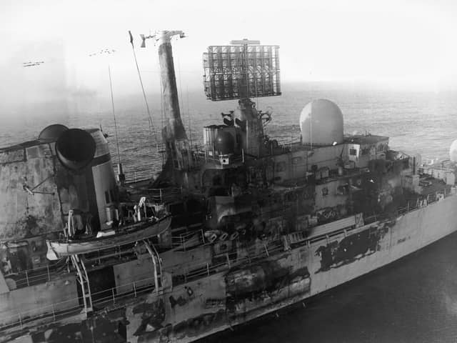 HMS Sheffield, damaged by an Exocet missile attack near the Falkland Islands during the Falklands War, May 1982. Twenty people lost their lives in the incident and the ship later sank in the South Atlantic Picture: Martin Cleaver/Pool/Getty Images)