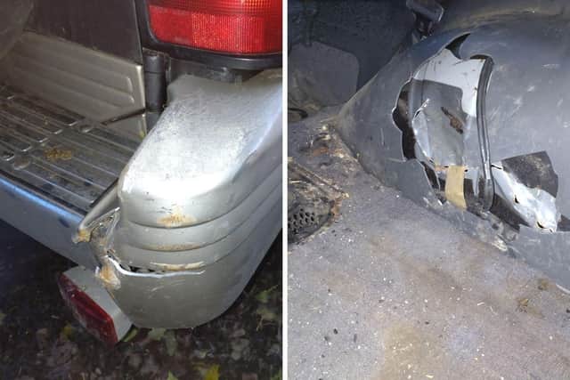 An argument broke out after a 4x4 was blocked in the road by a farm worker in Southwick. An forklift vehicle then slammed into the back of the Mitsubishi. It belonged to a group of activists monitoring a hunt.