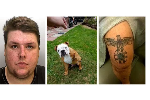 Tobias Powell, 33,  who has been convicted of four charges of using threatening, abusive or insulting words or behaviour intending thereby to stir up racial hatred. He pictured his dog imitating a Nazi salute and had a Nazi tattoo on his leg 
Picture: Counter Terrorism Policing South East and Regional Organised Crime Unit