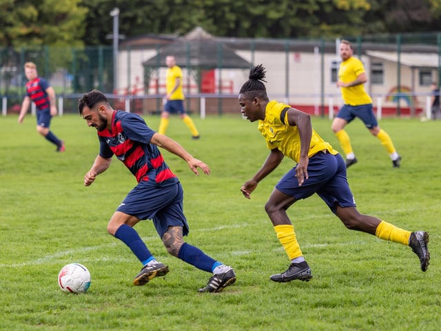 Paulsgrove (red/blue) v Baffins Milton Rovers Reserves. Picture: Mike Cooter