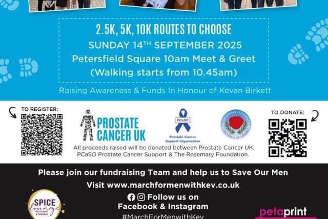Campaign poster detailing the March for Men with Kev taking place on Sunday 14th September.