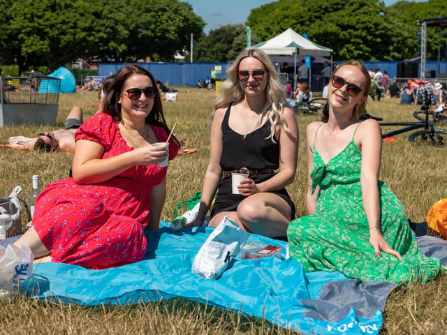 Enjoying the show at the Bandstand. Pictured: Jess Hansford (23), Cathlin Hepworth-Durrant (24) and Demi Johnson (27). Picture: Mike Cooter (240623)