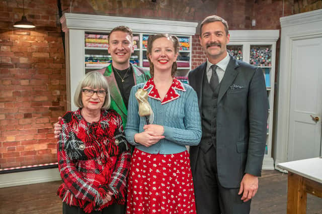 Clare Bradley with Great British Sewing Bee judges Patrick Grant and Esme Young and presenter Joe Lycett