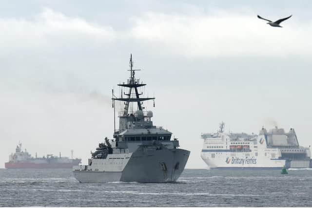 Pictured:  This Sunday morning, fishermen in Portsmouth welcomed back the return of HMS Severn from its deployment to assist the fishermen of Jersey.
Photo: Simon Czapp/Solent News & Photo Agency