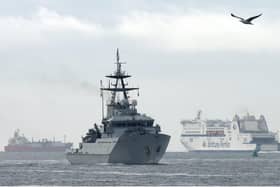 Pictured:  This Sunday morning, fishermen in Portsmouth welcomed back the return of HMS Severn from its deployment to assist the fishermen of Jersey.
Photo: Simon Czapp/Solent News & Photo Agency