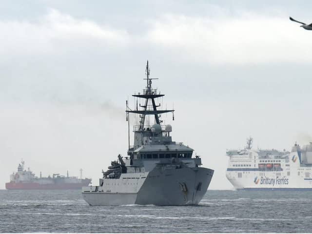 Pictured:  This Sunday morning, fishermen in Portsmouth welcomed back the return of HMS Severn from its deployment to assist the fishermen of Jersey.
Photo: Simon Czapp/Solent News & Photo Agency