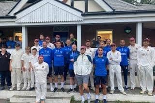 The Pompey XI, including John Mousinho and Rich Hughes, pictured with opposition Fareham & Crofton at their cricket match. Picture: Fareham & Crofton CC