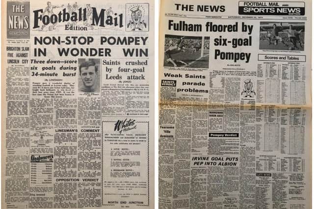 Left - Leyton Orient 3 Pompey 6, Division 2, October 1963 - Pompey hit back from 0-3 down to win. Right - Pompey 6 Fulham 3, Division 2, October 1971.