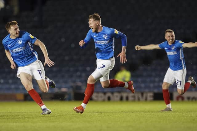 Aiden O'Brien celebrating his dramatic late winner in Pompey's remarkable 3-2 success over Wigan in the final Fratton Park match of the season. Picture: Jason Brown/ProSportsImages